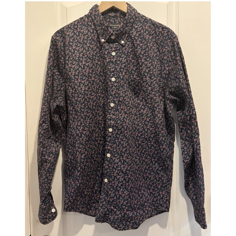 Coastal Floral Calico Print Secret Wash Button Down Stretchy Shirt Size XL Navy